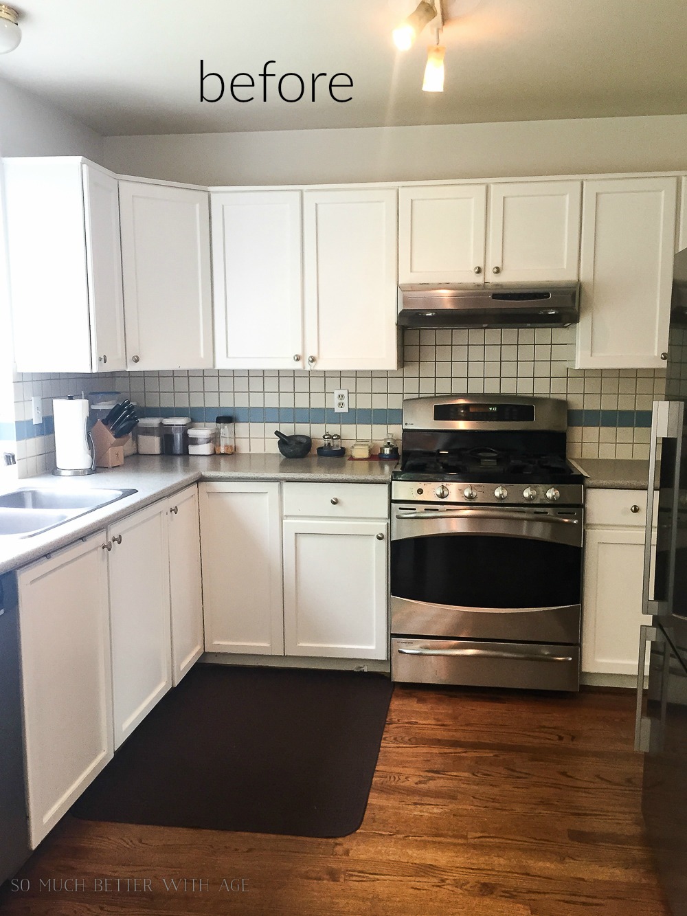  Before pictures of an old dated kitchen.