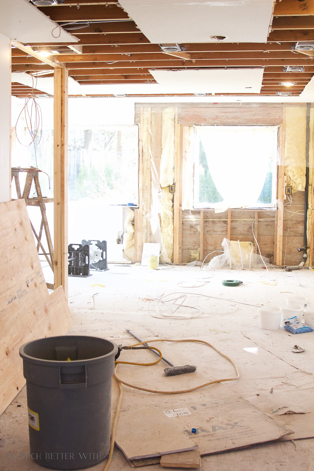 Tearing down the roof to the beams.