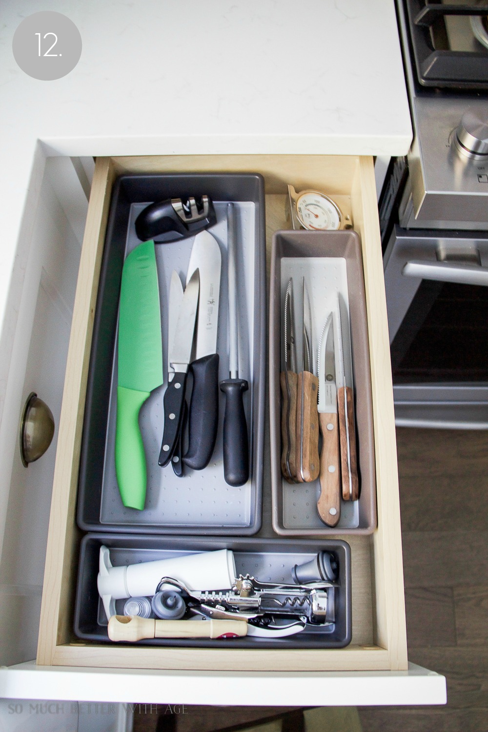 Organizing the knife drawer.