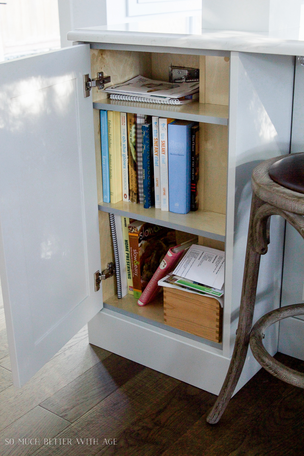 Recipe books in the kitchen island.