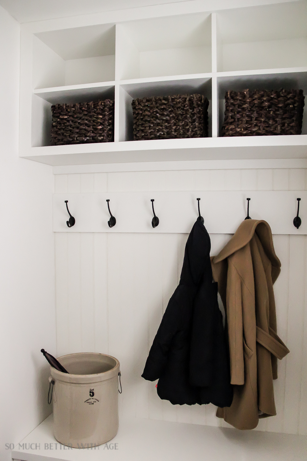 12 Essentials When Renovating a Tiny Mudroom While Keeping it Pretty / hooks to hang jackets - So Much Better With Age