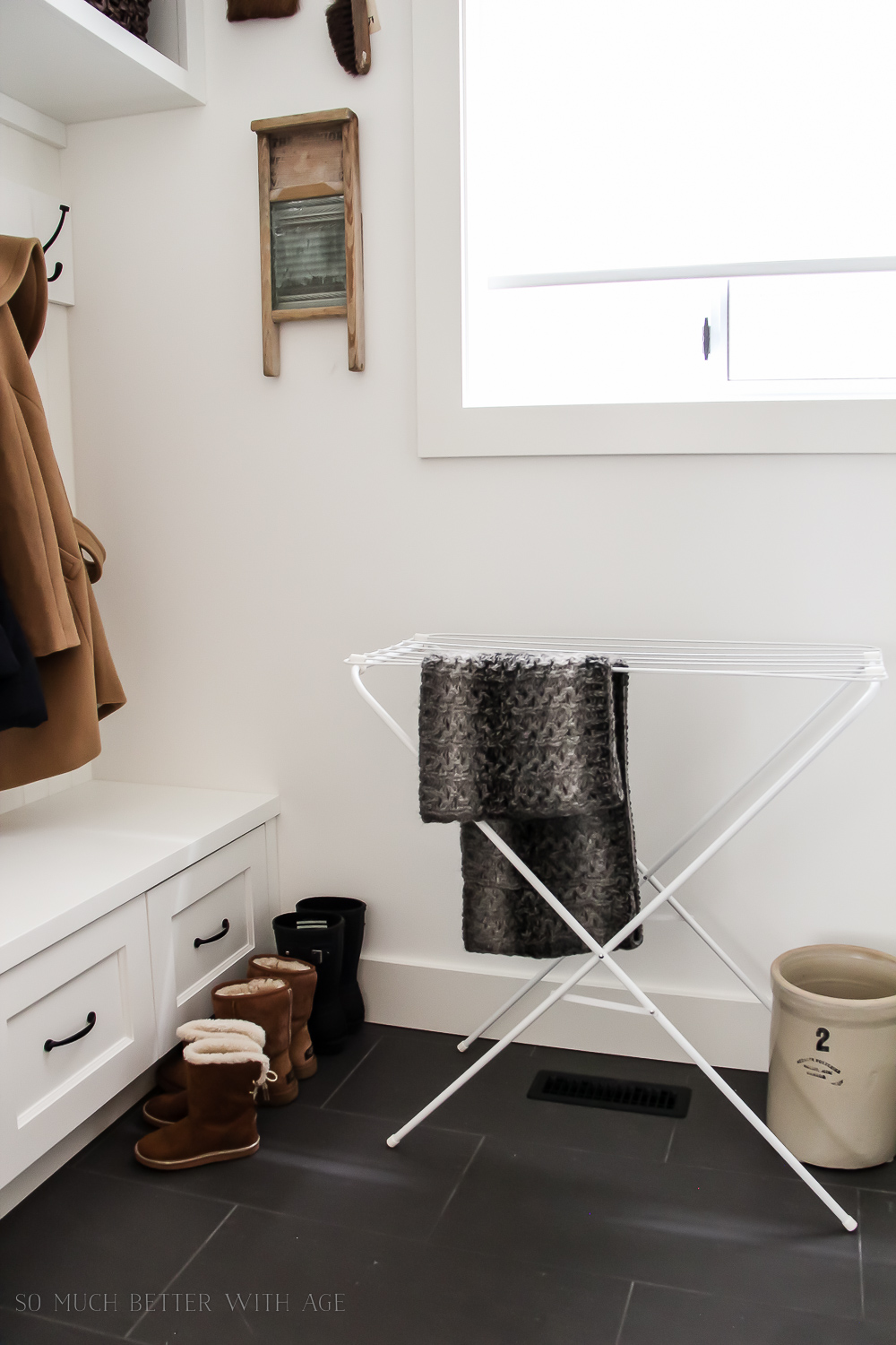 A drying rack in the room.