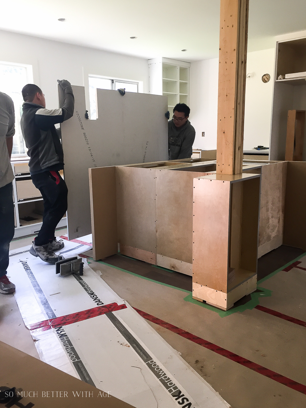 Construction workers installing the countertops.