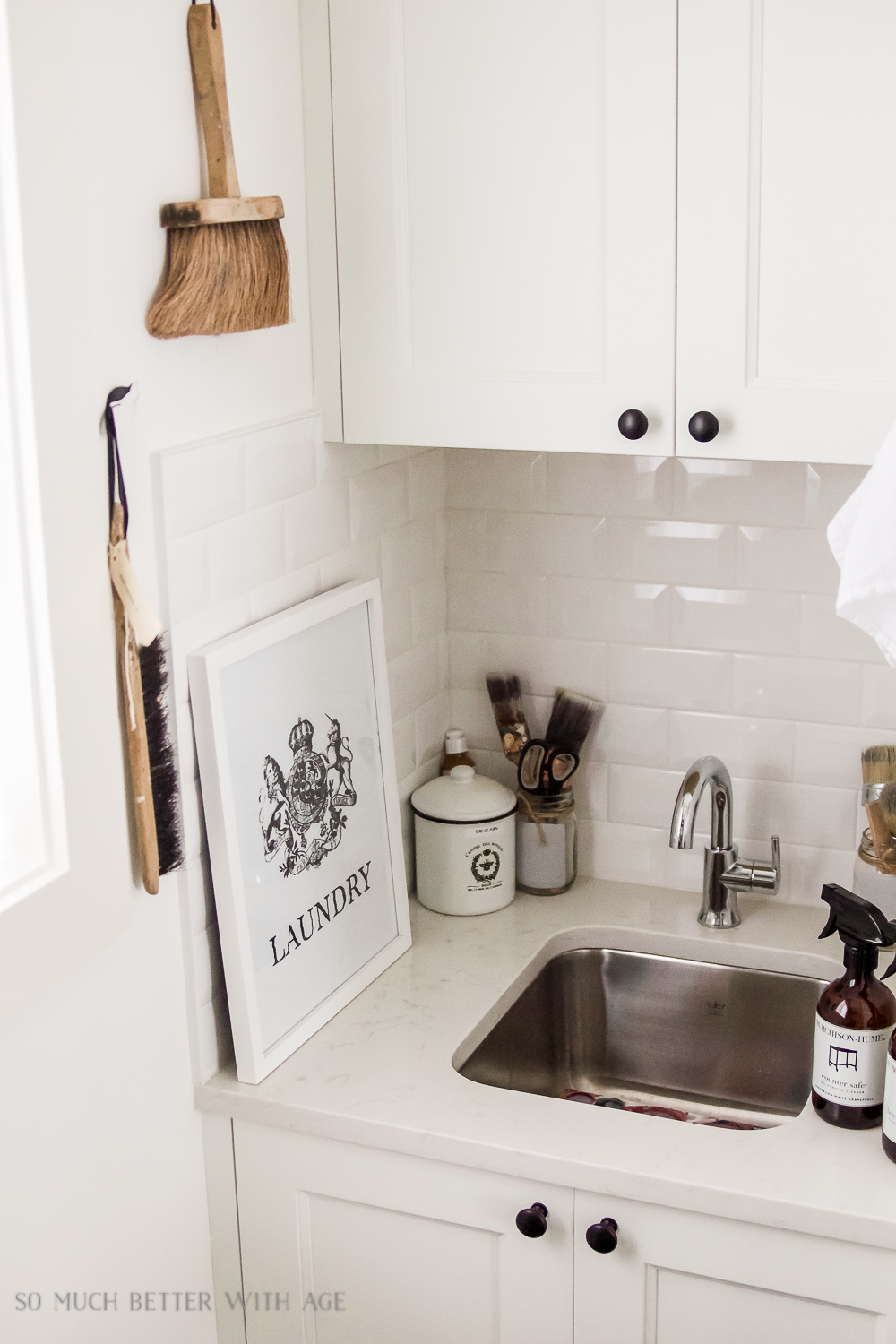 The cleaning supplies around the sink.