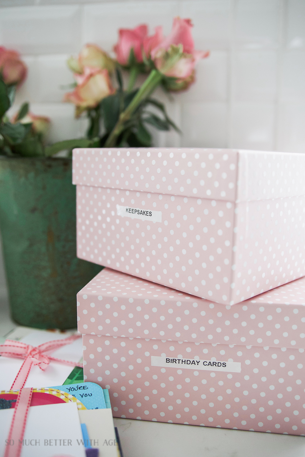 Pink and white polka dotted boxes.