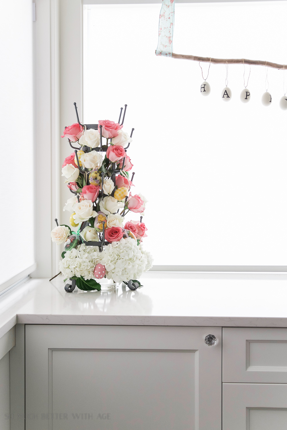 Bottle Drying Rack (or mug holder) Floral Centrepiece/pink and white roses - So Much Better With Age