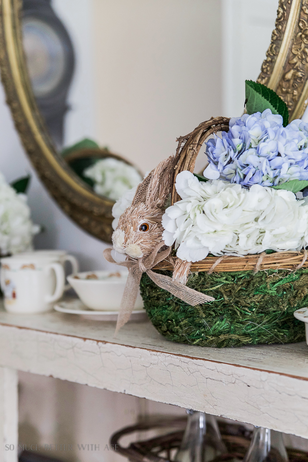 How to Set a Peter Rabbit Inspired Easter Table/wicker moss bunny basket - So Much Better With Age