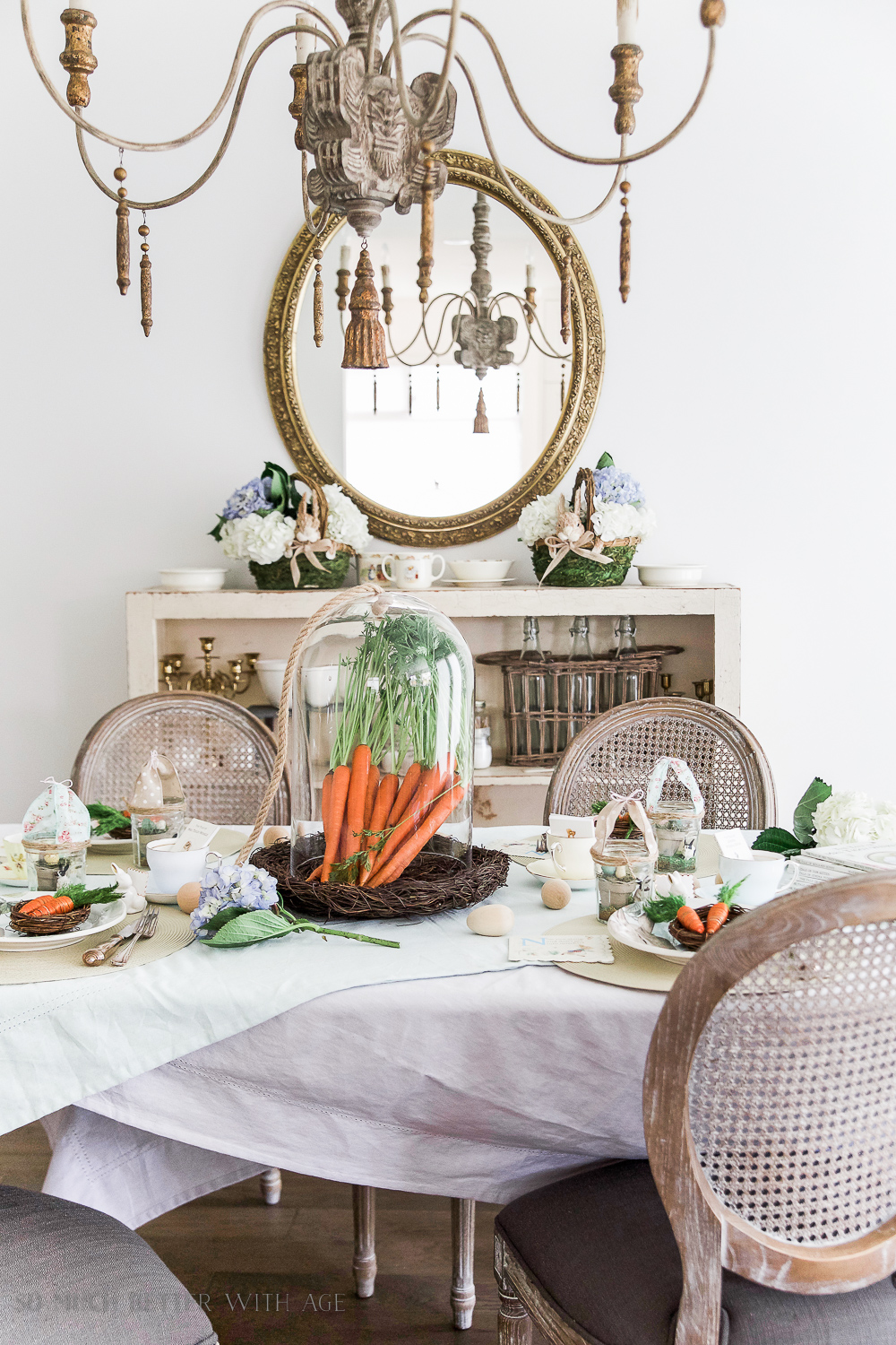 How to Set a Peter Rabbit Inspired Easter Table/carrots under cloche - So Much Better With Age