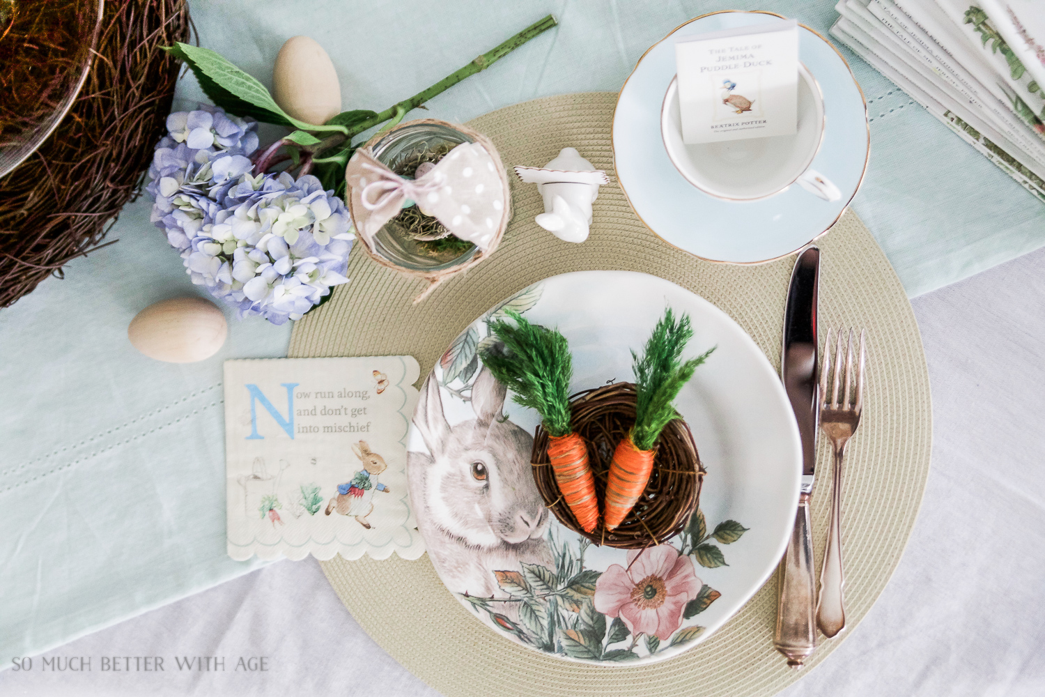 How to Set a Peter Rabbit Inspired Easter Table/carrots on bunny plate - So Much Better With Age