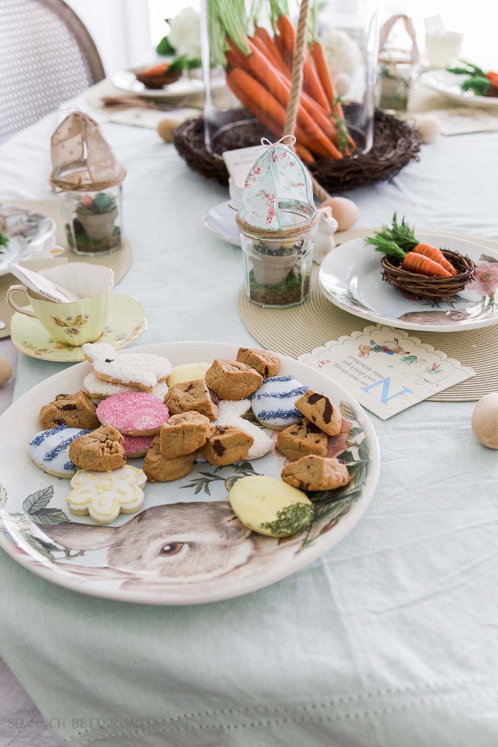 How to Set a Peter Rabbit Inspired Easter Table/easter cookies on bunny plate - So Much Better With Age