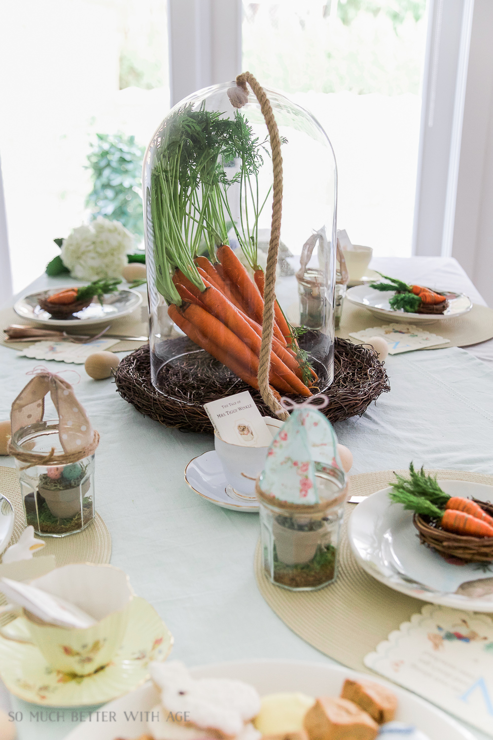 How to Set a Peter Rabbit Inspired Easter Table/carrots under glass - So Much Better With Age