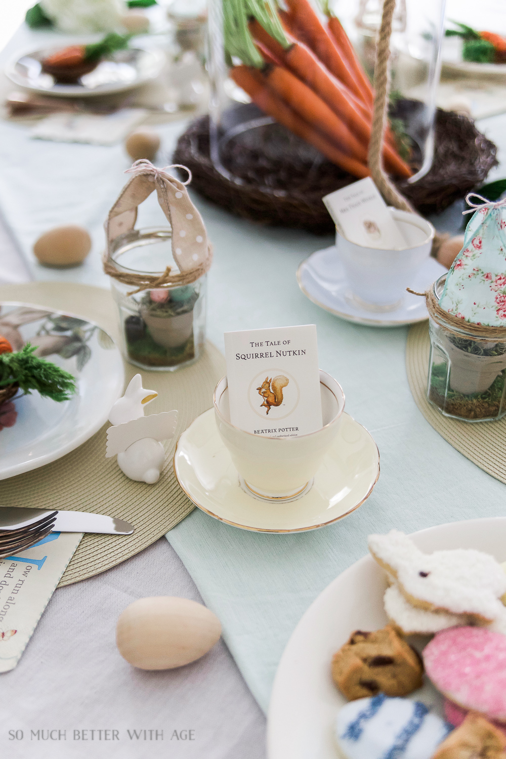 How to Set a Peter Rabbit Inspired Easter Table/tea cups on Easter table - So Much Better With Age