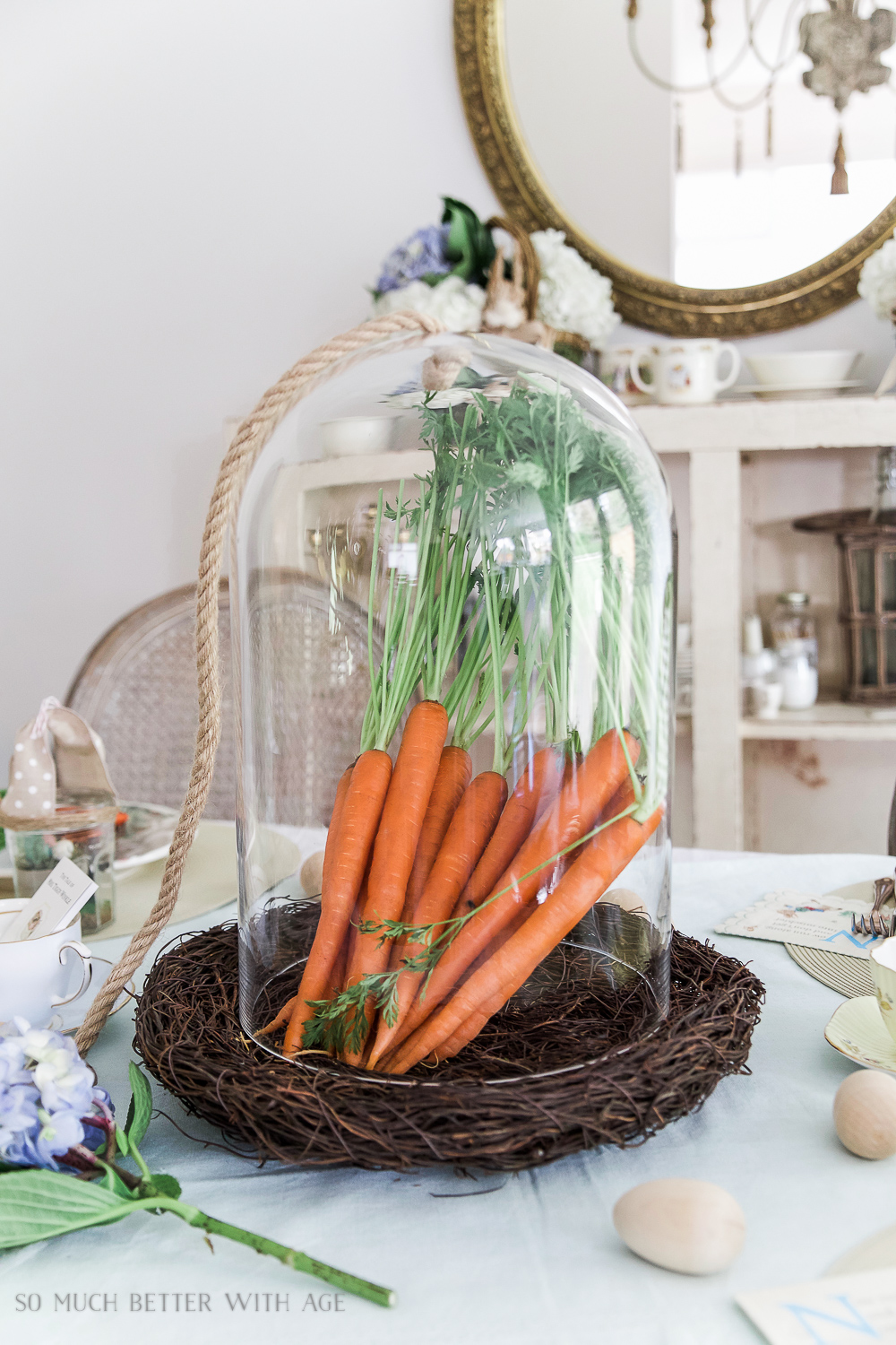 How to Set a Peter Rabbit Inspired Easter Table/carrots under a cloche - So Much Better With Age