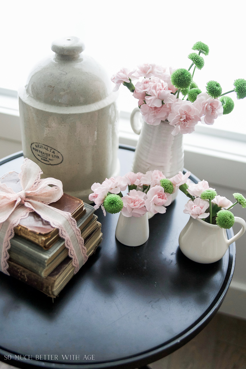 Bottle Drying Rack (or mug holder) Floral Centrepiece/pink carnations white vases - So Much Better With Age