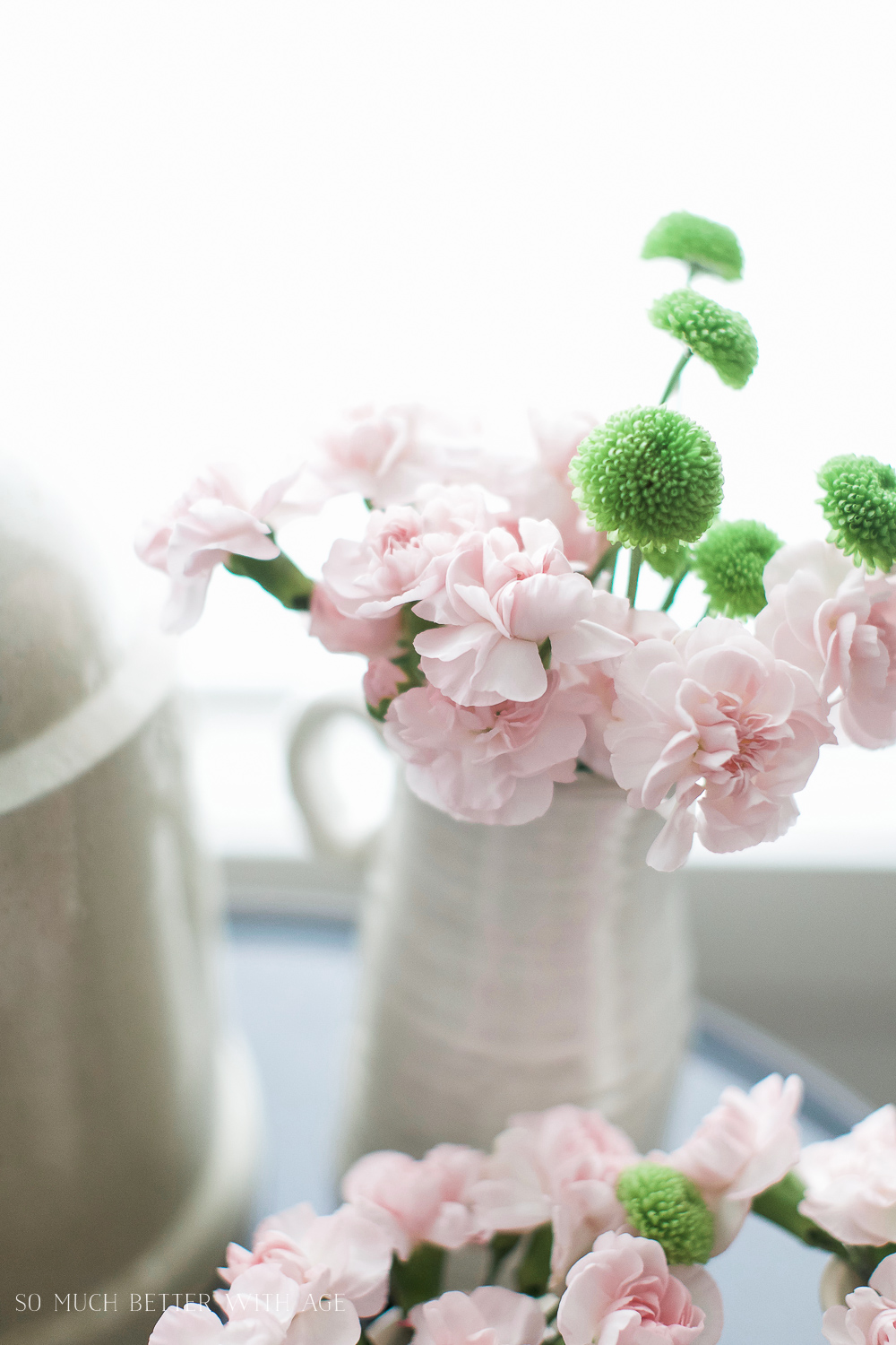 Bottle Drying Rack (or mug holder) Floral Centrepiece/pretty pink and green flowers - So Much Better With Age