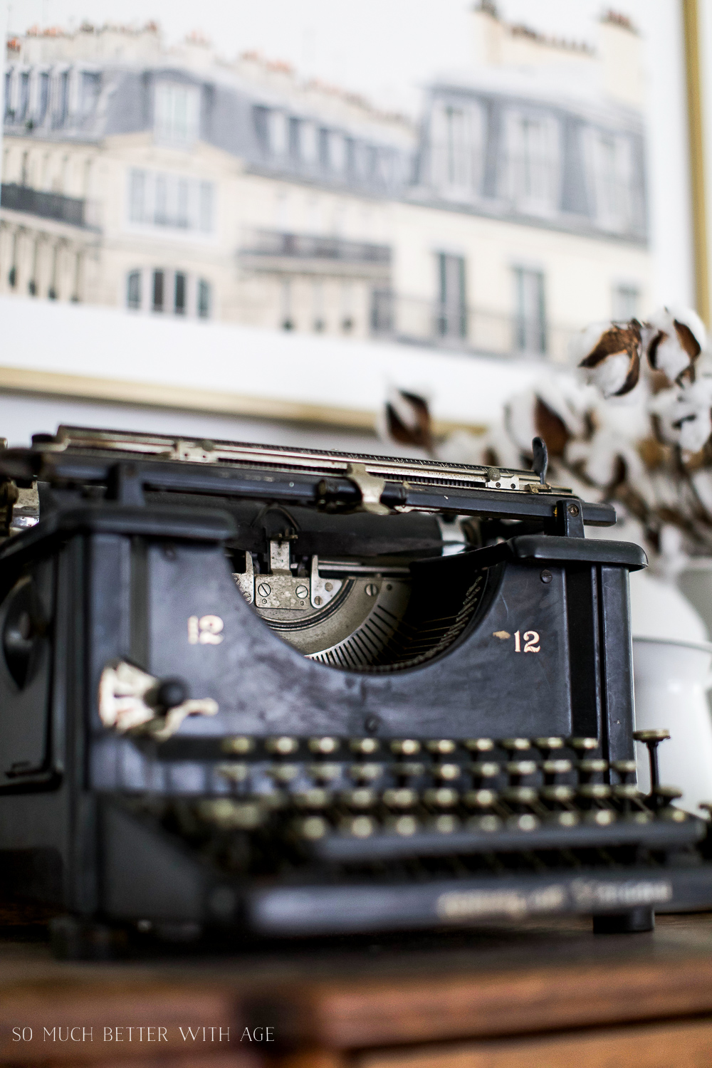 Up close shot of the black vintage typewriter.