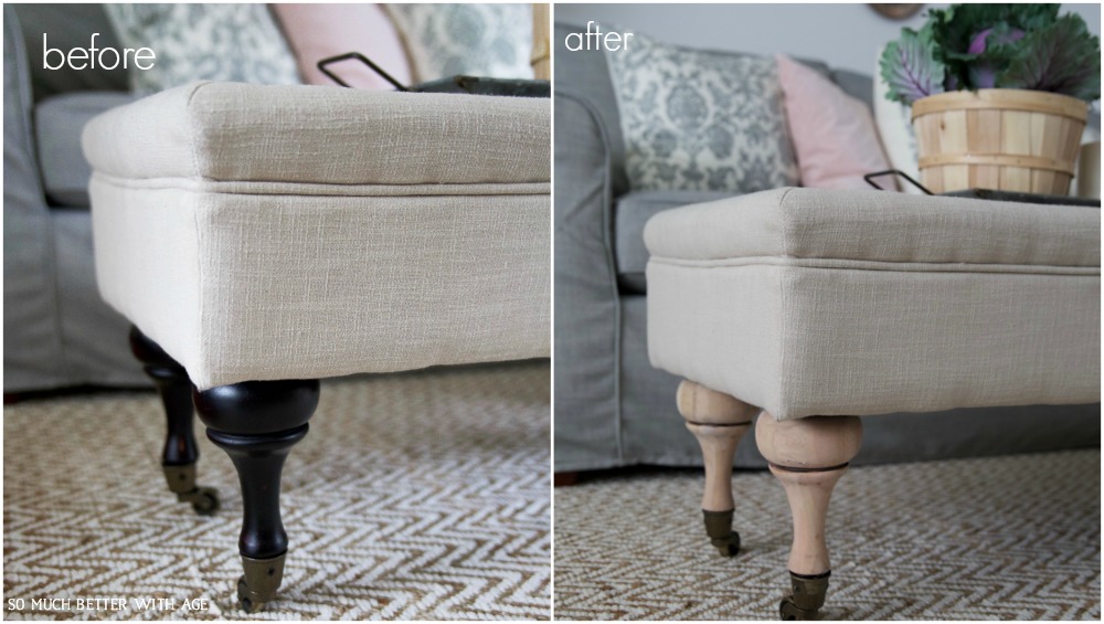 A before and after look of the legs of the ottoman.