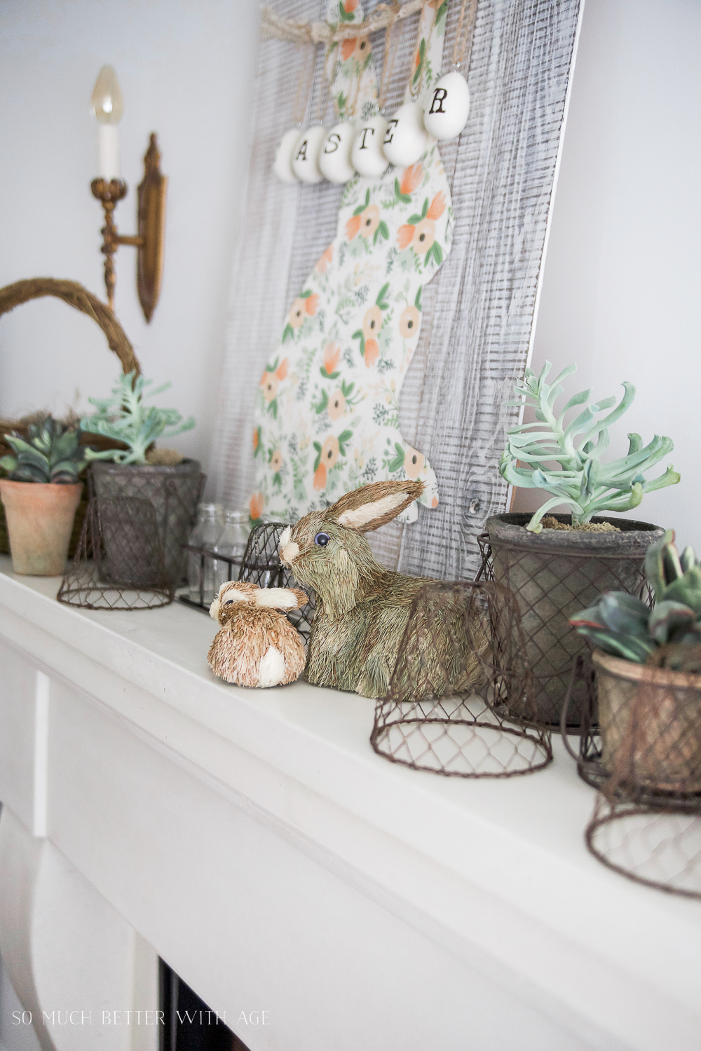 Spring Mantel/natural bunny decor and baskets - So Much Better With Age