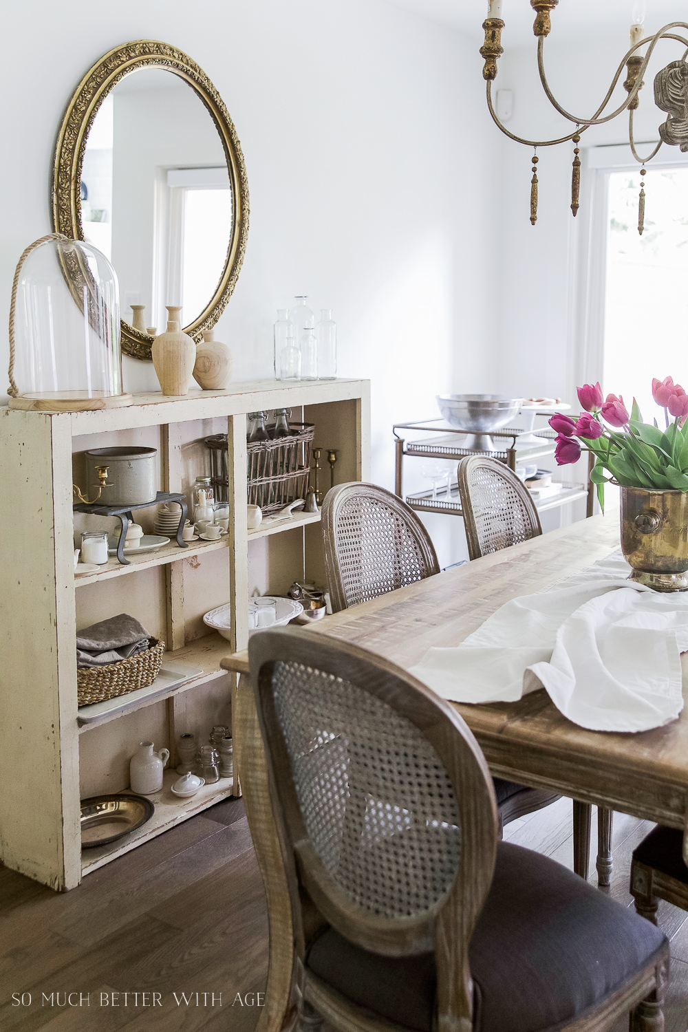 French Vintage Dining Room/vintage bookshelf, gold mirror - So Much Better With Age