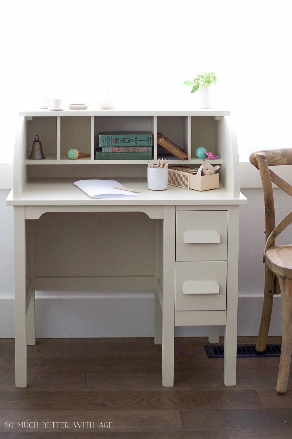 How to Paint over Bright or Dark Coloured Furniture, kids' vintage desk makeover- So Much Better With Age