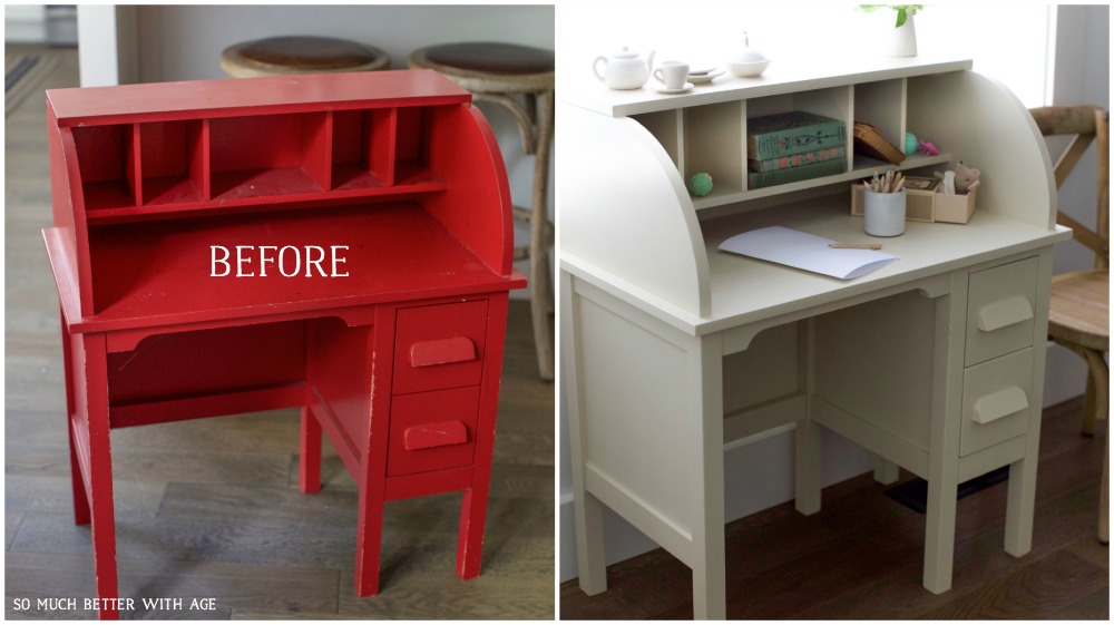 How to Paint over Bright or Dark Coloured Furniture, kids' vintage desk makeover- So Much Better With Age