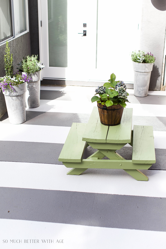 Child size picnic table with potted plant on it.