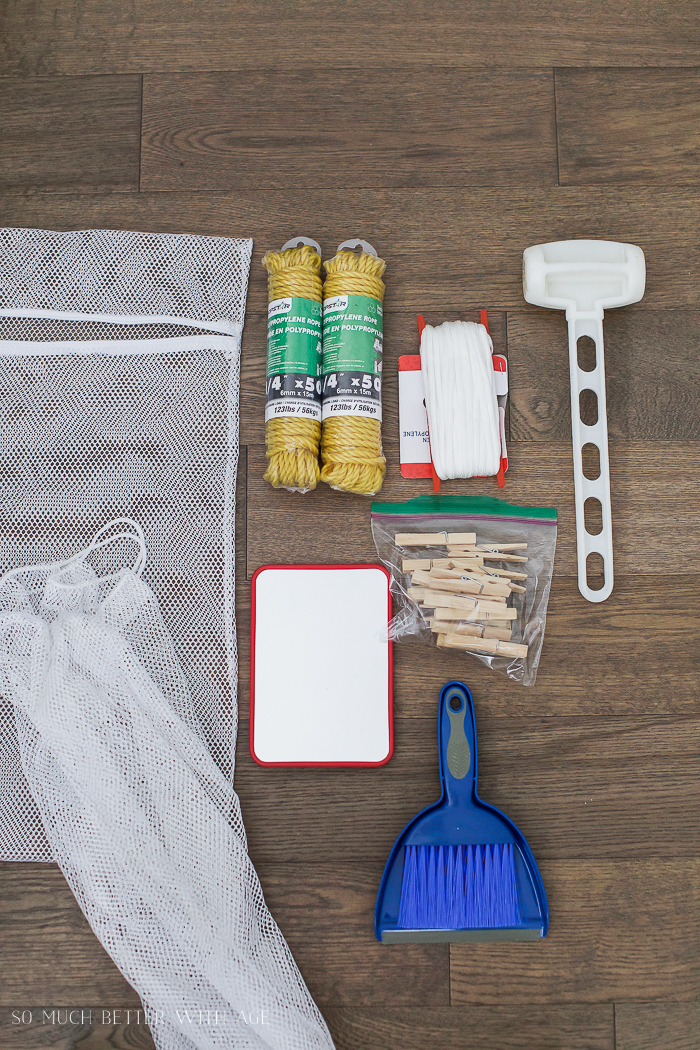 Rope, clothespins and a sweeper ready for packing.