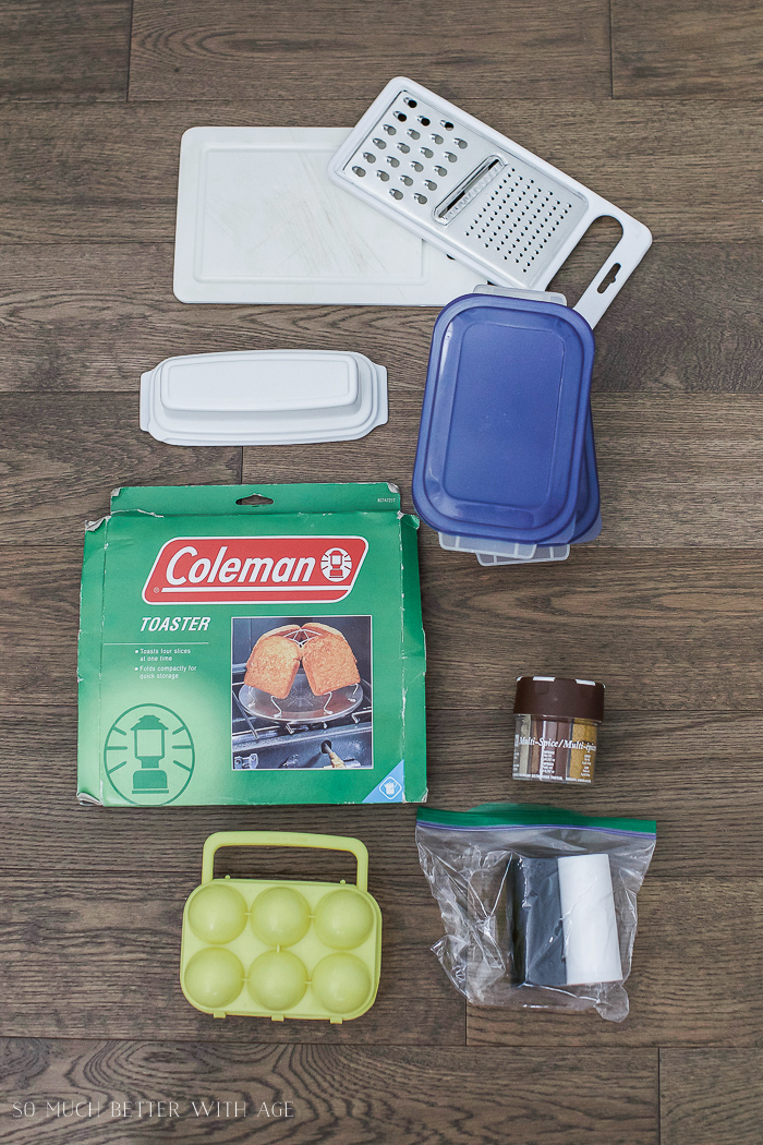 Grater and a Coleman toaster ready to be packed.