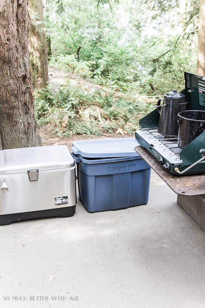 Storage bins with food and camp gear.