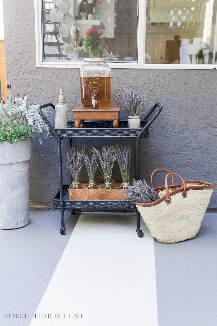Lavender Outdoor Summer Table Setting/black bar cart outside - So Much Better With Age