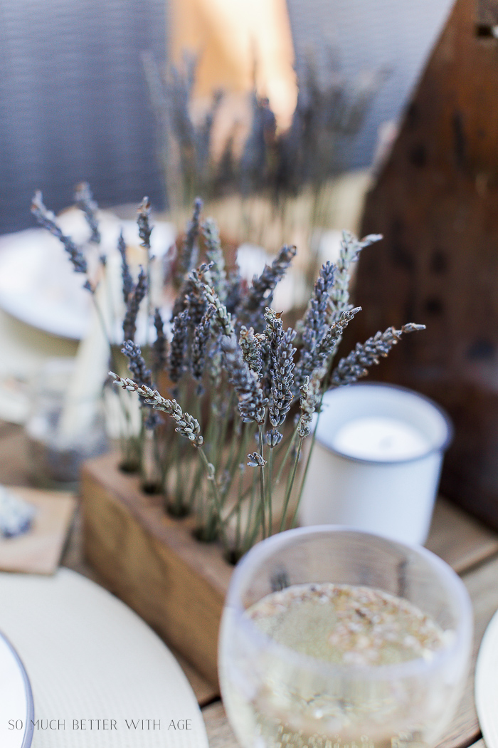 Lavender Outdoor Summer Table Setting/dried lavender in drill bit holder - So Much Better With Age