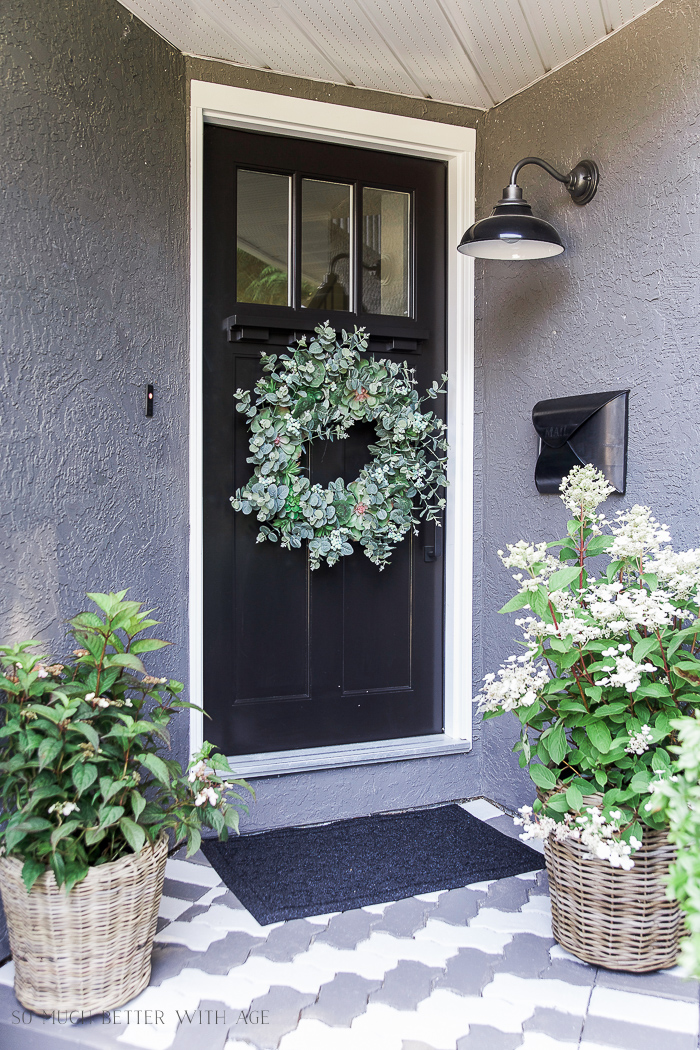 Front Porch Makeover with Painted Paving Stones, Balsam Hill wreath, wicker baskets - So Much Better With Age