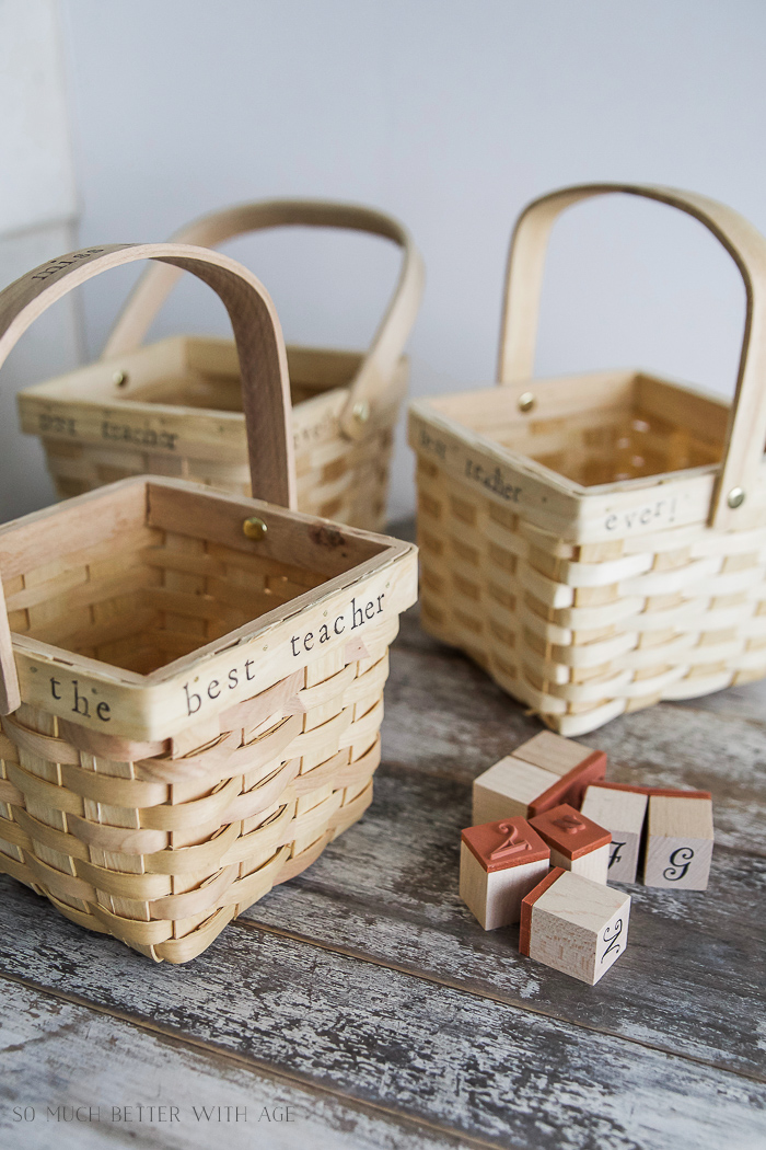 The Best Ever Teacher stamped gift basket / stamping the gift basket with best teacher stamp - So Much Better With Age