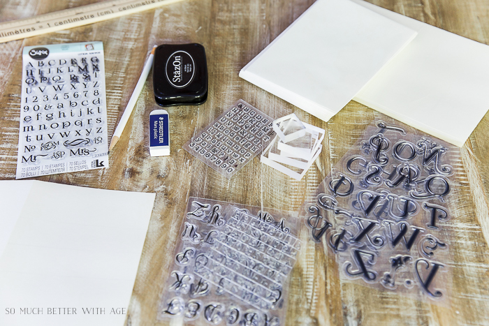 How to Line Up Alphabet Letter Stamps on acrylic blocks/acrylic letters, paper, pencil, stamp ink pad, ruler, clear acrylic blocks.