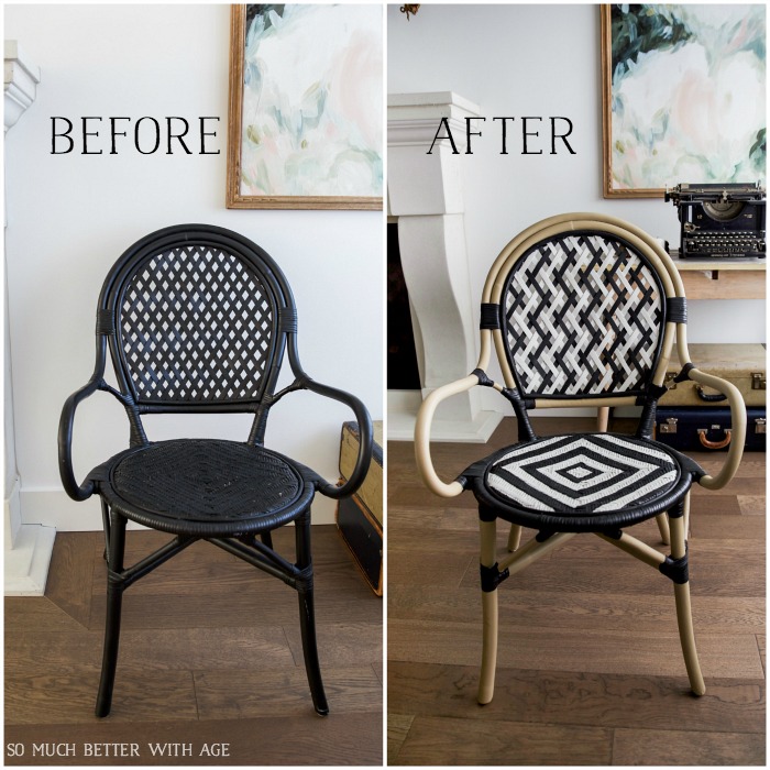 Two chairs one that is black and the other that has been painted to look like a French Bistro chair.