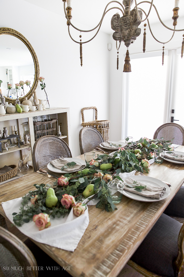 So Much Better With Age - Eucalyptus, Pears and Roses Table Runner Centrepiece