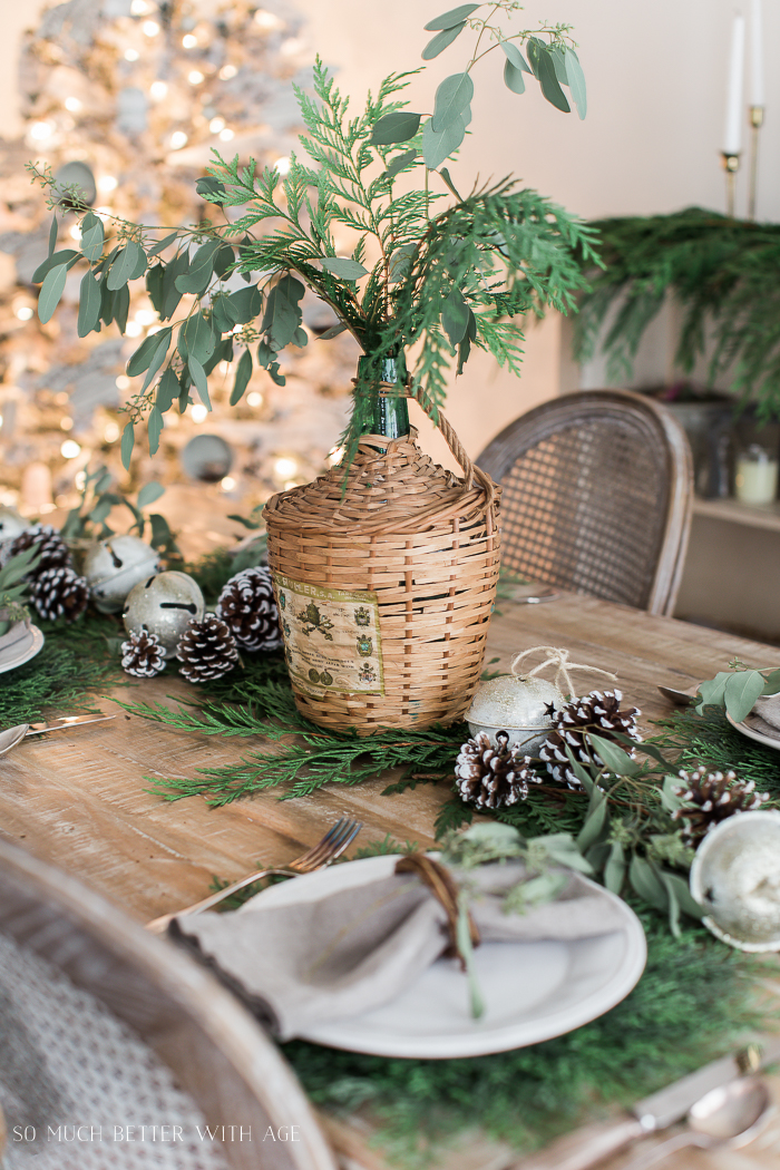 French Christmas Dining Room with Evergreen, Pinecones and Banners