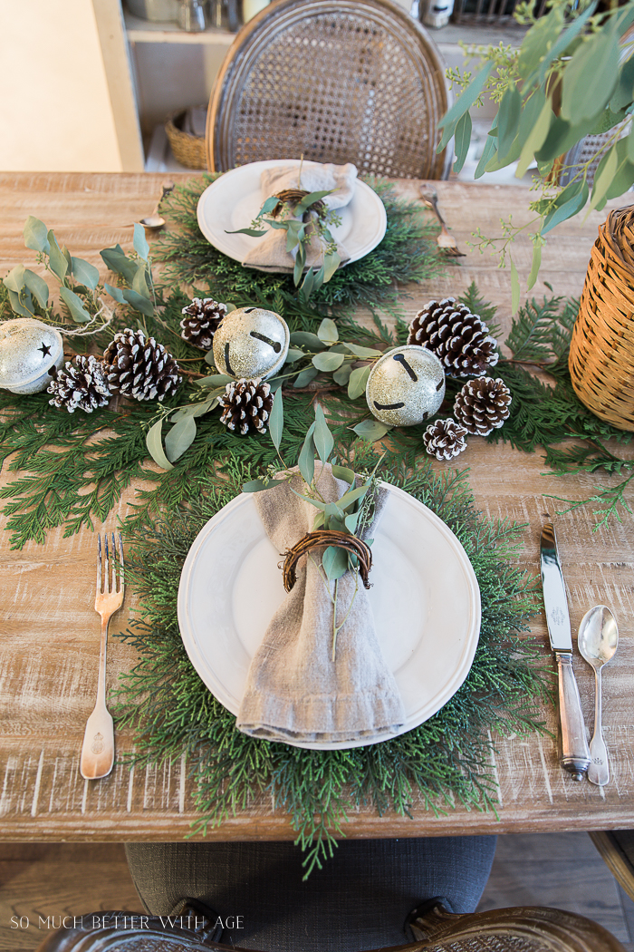 White plates, silver cutlery, evergreen, and pinecones on table.