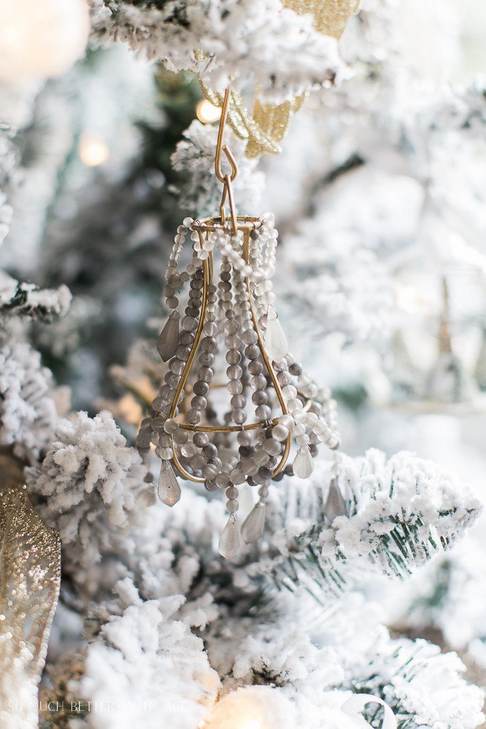 French beaded chandelier ornaments hanging on the tree.