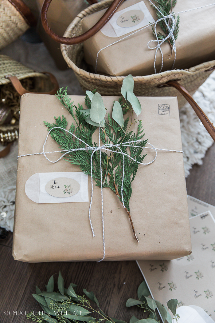 Cedar branches and eucalyptus on Christmas packages.