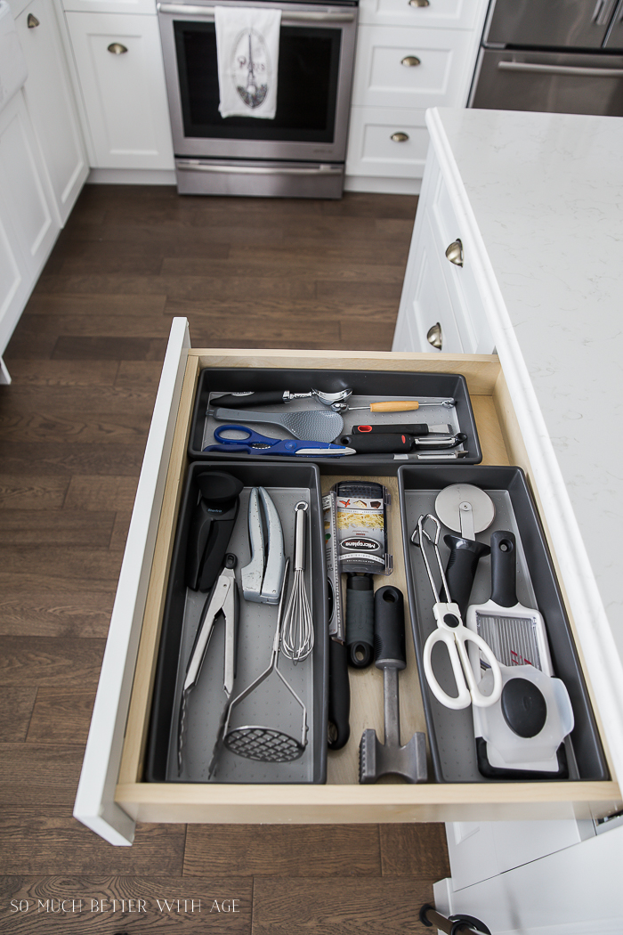 Complete Kitchen Supply List/kitchen utensils in drawer- So Much Better With Age