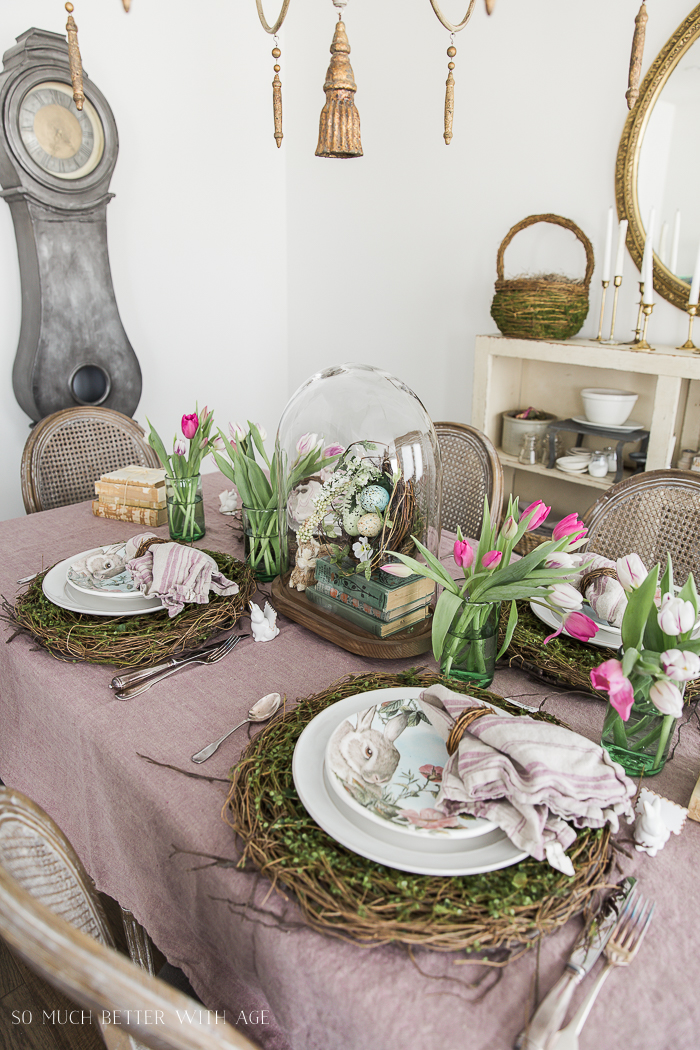 Bunnies, tulips Easter table all set.