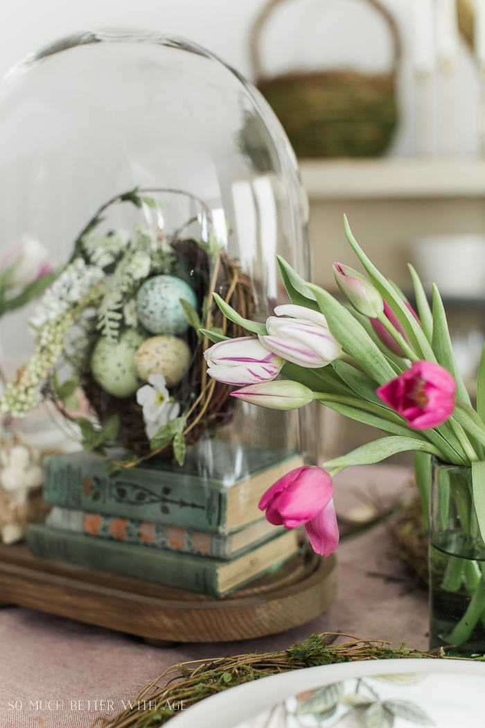 Pink tulips are by the cloche.