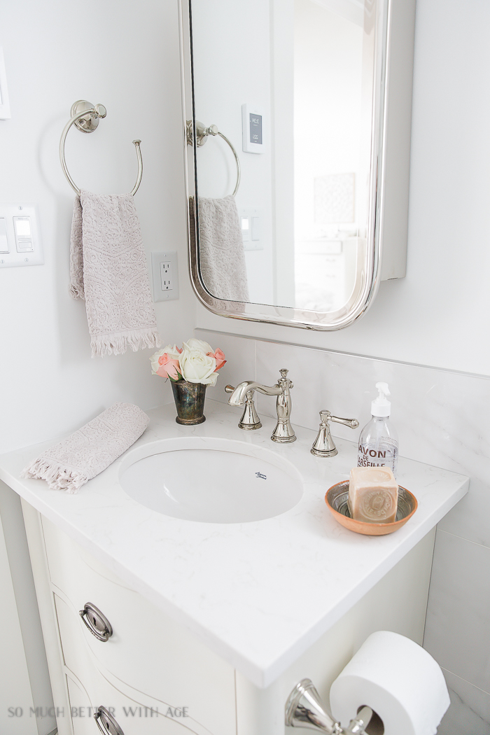Small bathroom renovation and 13 tips to make it feel luxurious/white vanity- So Much Better With Age