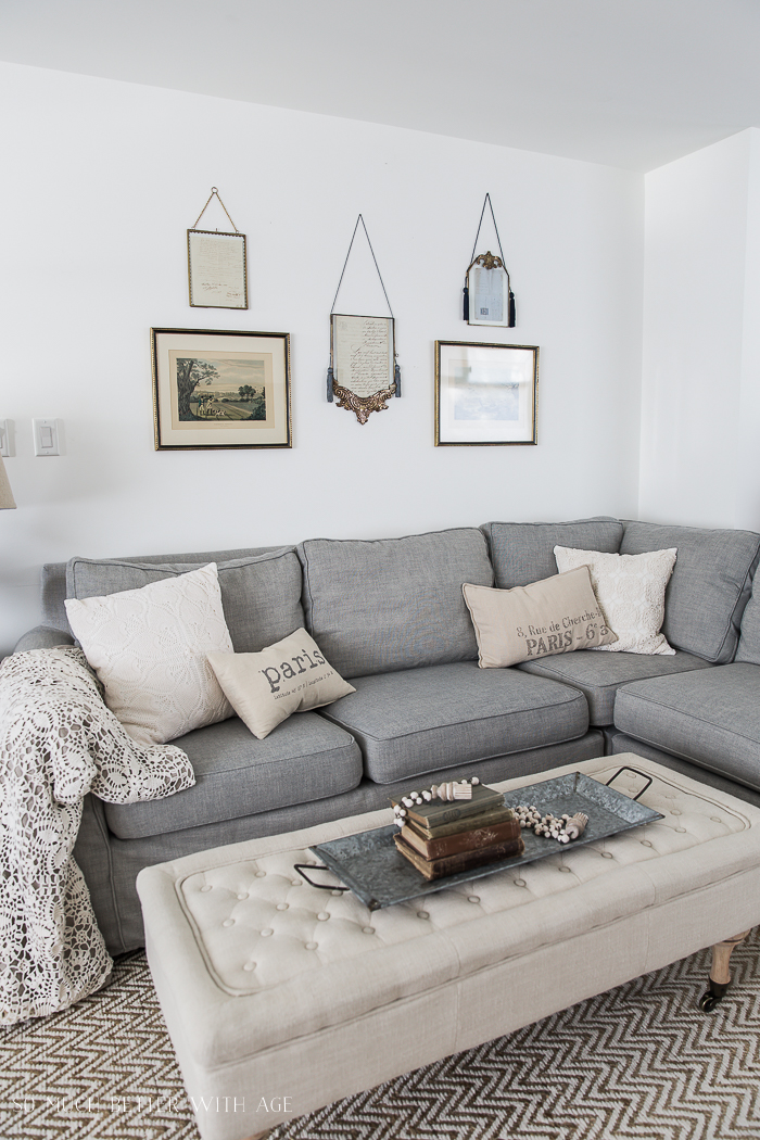 A sectional couch in the living room.