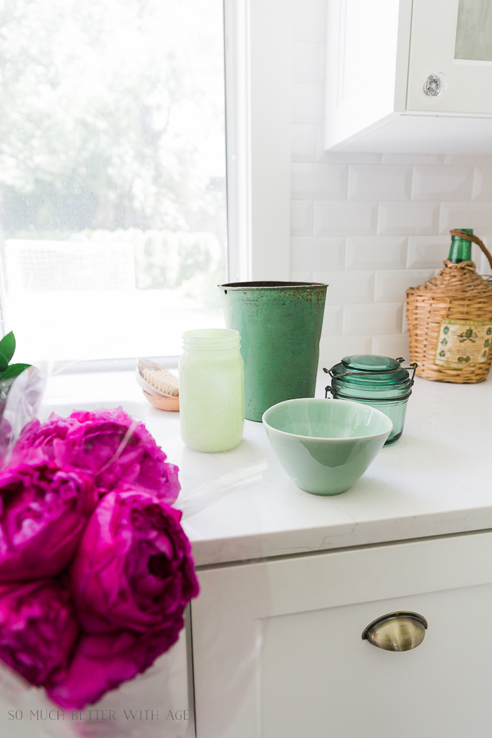 Pink and Green Summer Kitchen/pink peonies, green vases - So Much Better With Age