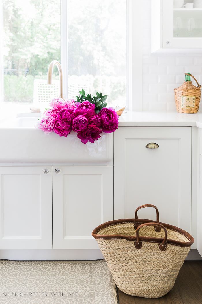 Pink and Green Summer Kitchen/pink peonies, French basket - So Much Better With Age