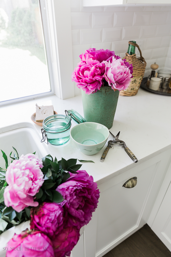 Pink and Green Summer Kitchen/pink peonies in green vases - So Much Better With Age