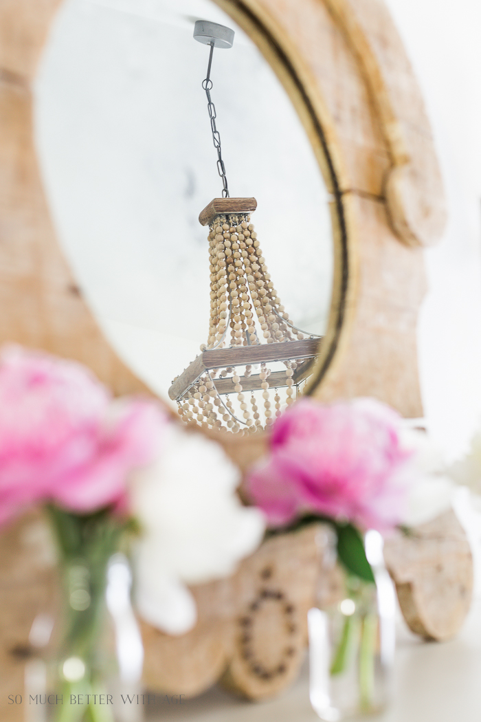 Simple Summer Mantel with Peonies/beaded chandelier - So Much Better With Age
