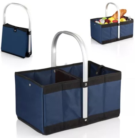 Collapsible tote in blue with groceries in it.